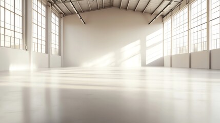 Large empty industrial warehouse space with high ceilings, bright windows, and reflective floors.