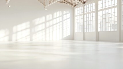 Spacious empty white loft interior with large windows and natural light. Ideal for events, art galleries, and photography.