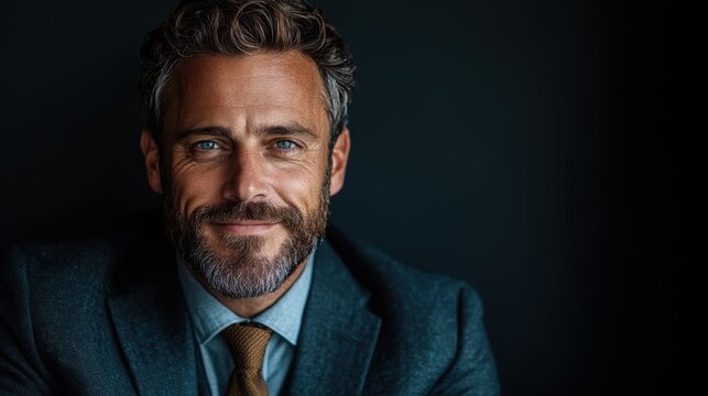A confident man in a suit, sitting with arms crossed, smiles appealingly against a dark background, representing leadership and charisma in his poised manner.