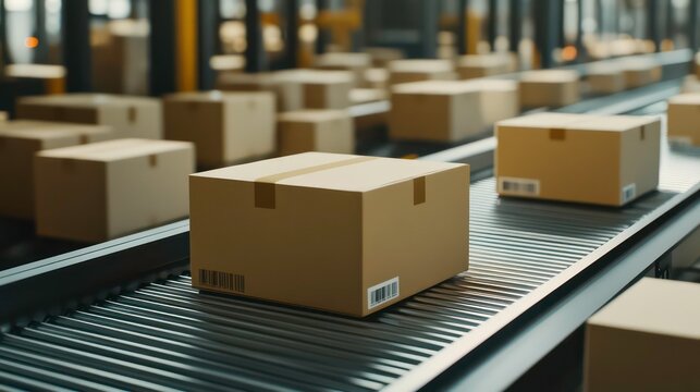 A single brown cardboard box moves along a conveyor belt in a warehouse. - Powered by Adobe