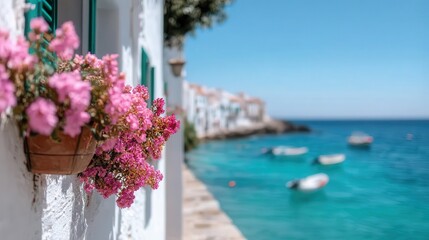 Obraz premium An idyllic coastal village scene featuring vibrant pink flowers in close-up, contrasted with turquoise waters and white-washed buildings that create a serene atmosphere.