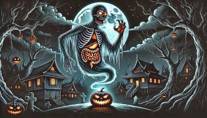 Obraz premium A spooky Halloween scene featuring a skeleton ghost, glowing pumpkins, and eerie houses under a full moon.