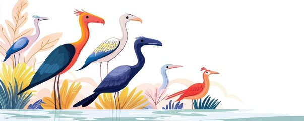 Mesozoic birds flat design, top view, avian evolution theme, water color, Triadic Color Scheme