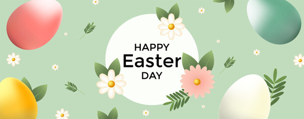 Happy Easter day banner with floral design and colorful eggs