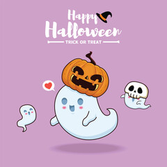 Vintage Halloween poster design with vector ghost character. 