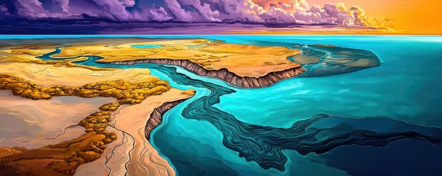 Aerial view of Pangea supercontinent splitting, digital illustration, earthy tones, dramatic lighting, with ancient ocean currents in motion