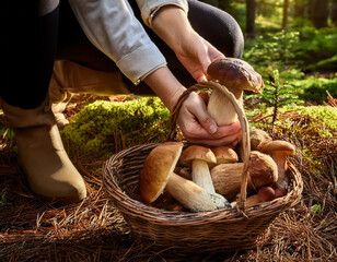 Cueillette de champignons dans un bois rempli de giroles