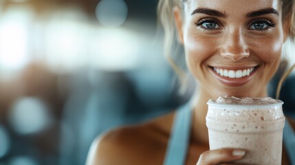 A happy woman with a smoothie is smiling broadly, conveying health and vitality. Her sportive attire is reflective of her vitality and positivity in a bright setting.