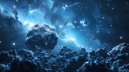 Realistic sci-fi space scene with asteroids and a huge hole in the planet's surface from asteroid impact.