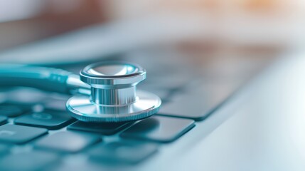 A stethoscope rests on a laptop keyboard, indicative of the growing practice of telemedicine and the integration of healthcare with digital technologies in modern medical fields.