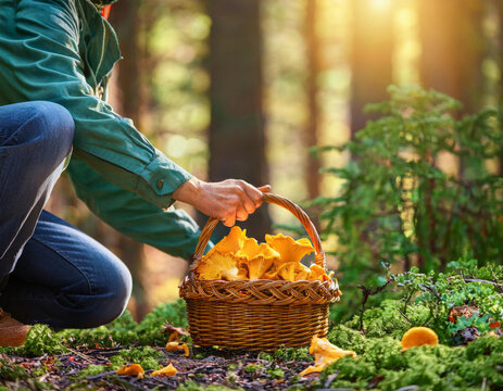 Personne fait une cueillette de giroles dans un bois &agrave; champignons