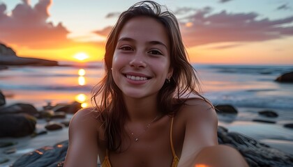 Joyful beach sunset selfie of a girl on the rocks, smiling and waving with the sun setting in the background