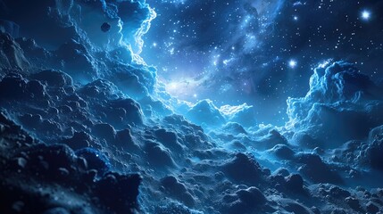 Fototapeta premium Realistic sci-fi space scene with asteroids and a huge hole in the planet's surface from asteroid impact.