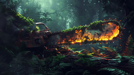 Burning Chainsaw Surrounded By Moss In The Forest