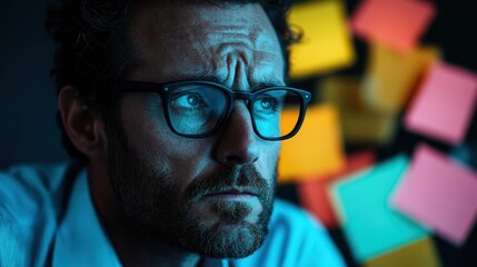 A male with glasses is surrounded by an assortment of colorful post-it notes on a dark background, symbolizing the concepts of brainstorming, planning, and creative thinking.