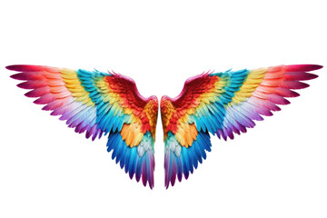 Fototapeta premium A single pair of angel devil wings spread in a full-body stance, exhibiting hues of pastel contrasted with vibrant colors, isolated with meticulous precision on a stark white background, high-quality