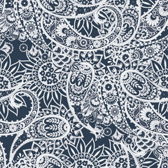 Turkish Cucumber Paisley seamless vector pattern in traditional Oriental style. Decorated with flowers, leaves, and fantasy elements, for fabric, textile and wallpaper covers