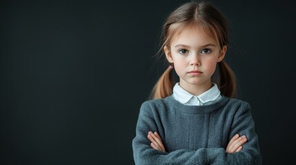 A girl with pigtails, wearing a grey sweater, poses seriously in a studio setting, highlighting a mix of childhood innocence and serious demeanor in a modern style.