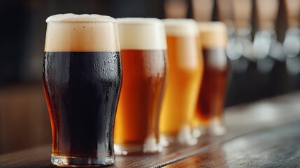 This image showcases four glasses of different types of beer neatly lined up on a classic wooden bar counter, illustrating variety and choice in craft beer selection available.