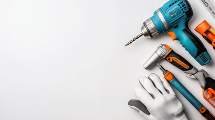 Working tools and gloves on a white background with a copy space for text