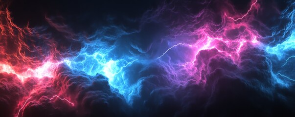 Dynamic abstract electric energy lightning in red and blue colors on a dark background, creating a vibrant and electrifying visual effect.