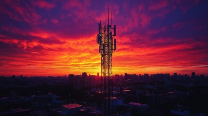 Naklejka premium Silhouetted Cell Tower Against a Vibrant Sunset