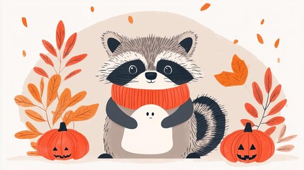 Fototapeta premium Cute raccoon with pumpkins and autumn leaves