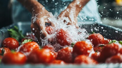 Close-up of two hands vigorously washing tomatoes with water in a kitchen sink, emphasizing hygiene, freshness, and attention to food preparation in a detailed and dynamic image.