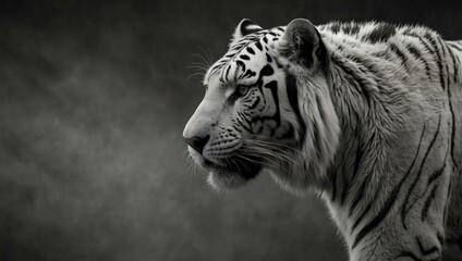 A striking image of a white tiger against a monochrome background.