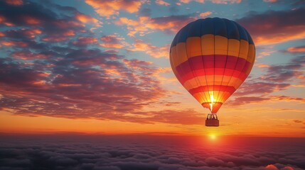 Obraz premium Colorful hot air balloon flying above clouds at sunset.