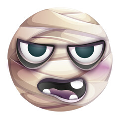 Halloween mummy emoji on white background. Mummy emoticon wrapped in bandages. Cute emoticon.
