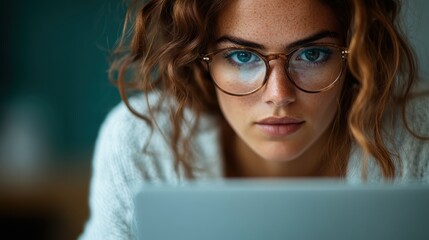 A close-up portrait of a woman with glasses, focused intently on her laptop screen, capturing the essence of education, determination, and modern technology.