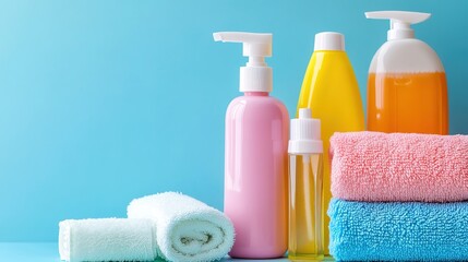 Essential personal hygiene products including soaps, shampoos, deodorants, and dental care items arranged neatly on a bathroom shelf, 