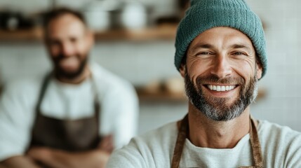 A content chef dons a hat and apron, radiating friendliness and expertise while managing a busy kitchen environment filled with joy and culinary innovation.