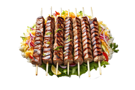 Kebab doner beef skewer, full body centered in frame, isolated against pure white background, high-quality stock photograph, emits the aroma of freshly grilled meat, detail on texture and seasoning - Powered by Adobe