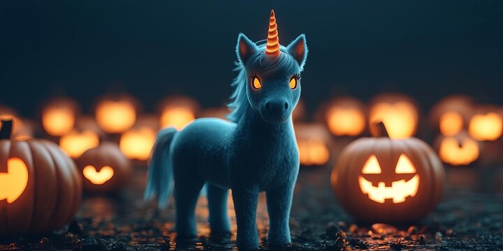 Magical unicorn with glowing eyes, Halloween theme.