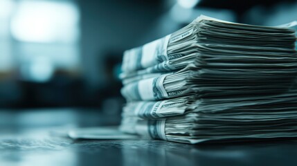 Neatly arranged stacks of cash sitting on a reflective surface, symbolizing organized wealth, financial management, and the accumulation of currency in a controlled manner.