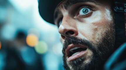 A striking close-up of a bearded man with wide eyes, conveying a sense of shock or surprise, with a blurred urban background setting the scene.