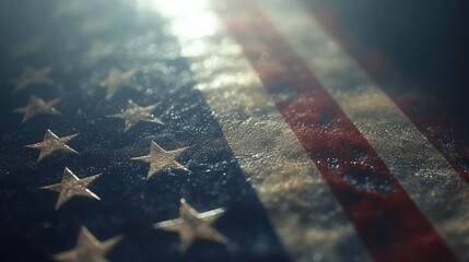 The image shows a close-up of the United States flag with a focus on the stars and stripes, illuminated by a light source creating a bokeh effect. The angle and lighting add depth and texture.