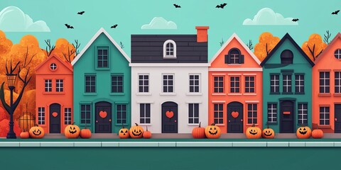 Colorful Halloween houses with pumpkins and trees.