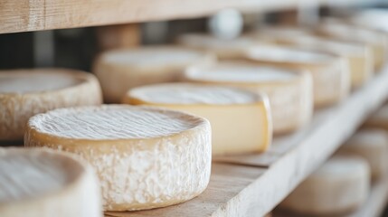 Cheese wheels are aged on wooden shelves, highlighting traditional cheesemaking methods. The careful arrangement and natural light reflect the dedication to quality.