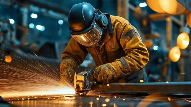 A locksmith working in manufacturing wears appropriate gear and goggles. metalworking with an angle grinder. flare for metalworking
