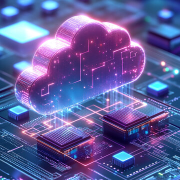 vibrant cloud symbolizing digital storage is depicted above circuit board, showcasing advanced technology and data management. glowing elements evoke sense of innovation and connectivity