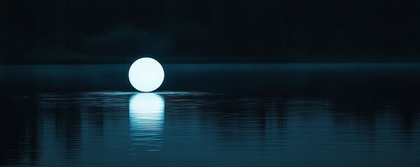 A glowing orb floating on calm water at night, reflecting light onto the surface, set against a dark, serene background.