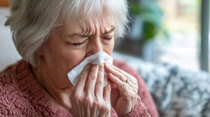 Sick elderly woman uses tissue to clear runny nose indoors.