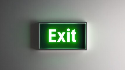  a green "Exit" sign illuminated on a clean, white background, symbolizing emergency escape routes and workplace safety.