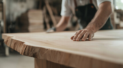 A wood designer inspecting a custom-made wooden table, running their hand over the smooth surface, showcasing the beauty of handcrafted design photo