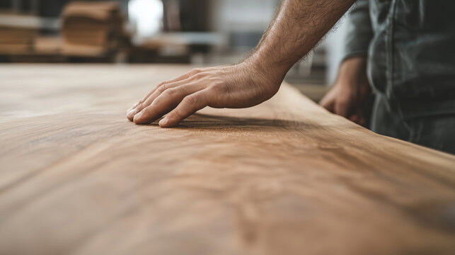 A wood designer inspecting a custom-made wooden table, running their hand over the smooth surface, showcasing the beauty of handcrafted design photo