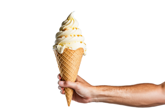 Single hand gripping a soft ice cream cone, centered in frame, against an immaculate white background, high key lighting, sharp focus, isolated, clean minimalistic design, macro shot, soft textures