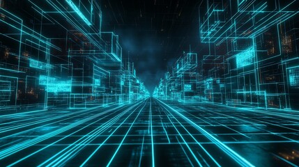Futuristic digital cityscape with neon blue lights and grid lines, representing technology, data, and cyberspace.